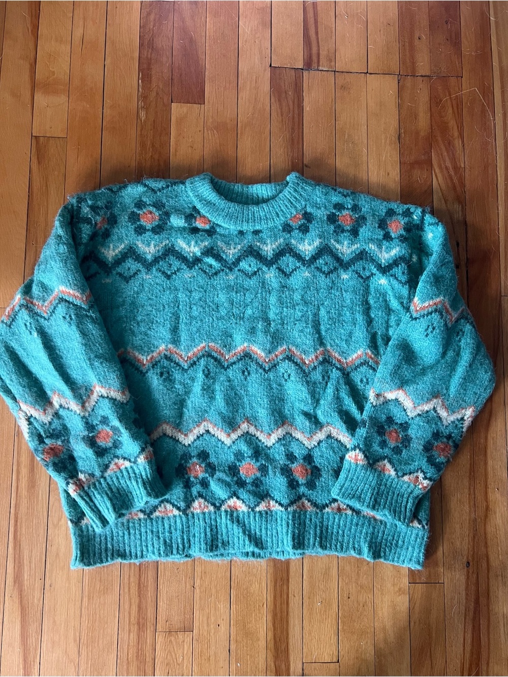 Cider Teal Crewneck Sweater with Coral and Cream Pattern